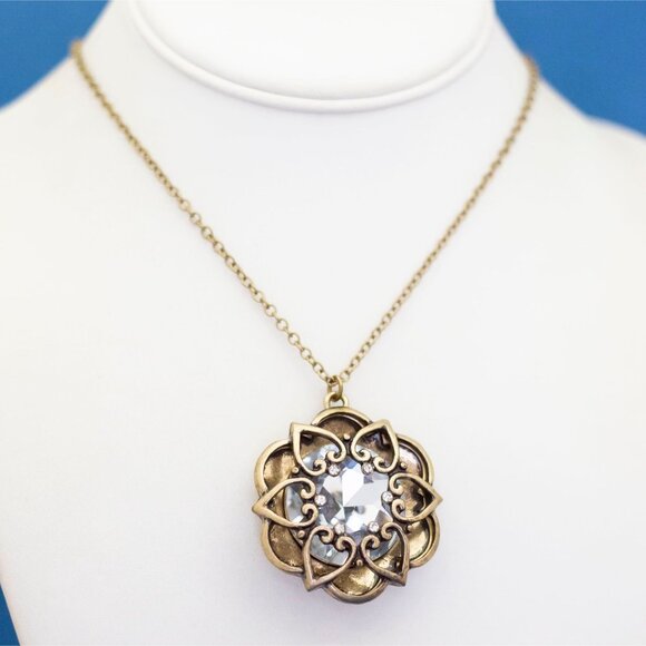 30 inch, Vintage Gold Tone Flower Art Deco Diamond Gem Necklace - D12 - Picture 2 of 3